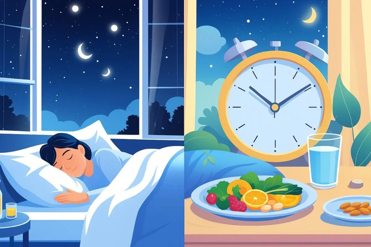 Intermittent Fasting and Sleep: Enhancing Rest Through Timed Eating Illustration of healthy meal timing, hydration, and intermittent fasting supporting a better sleep schedule
