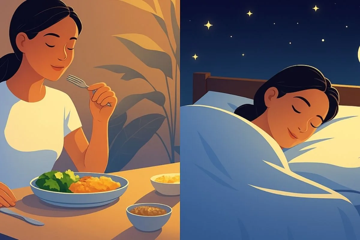 Intermittent Fasting and Sleep: Enhancing Rest Through Timed Eating Illustration of eating an early evening meal to improve sleep during intermittent fasting