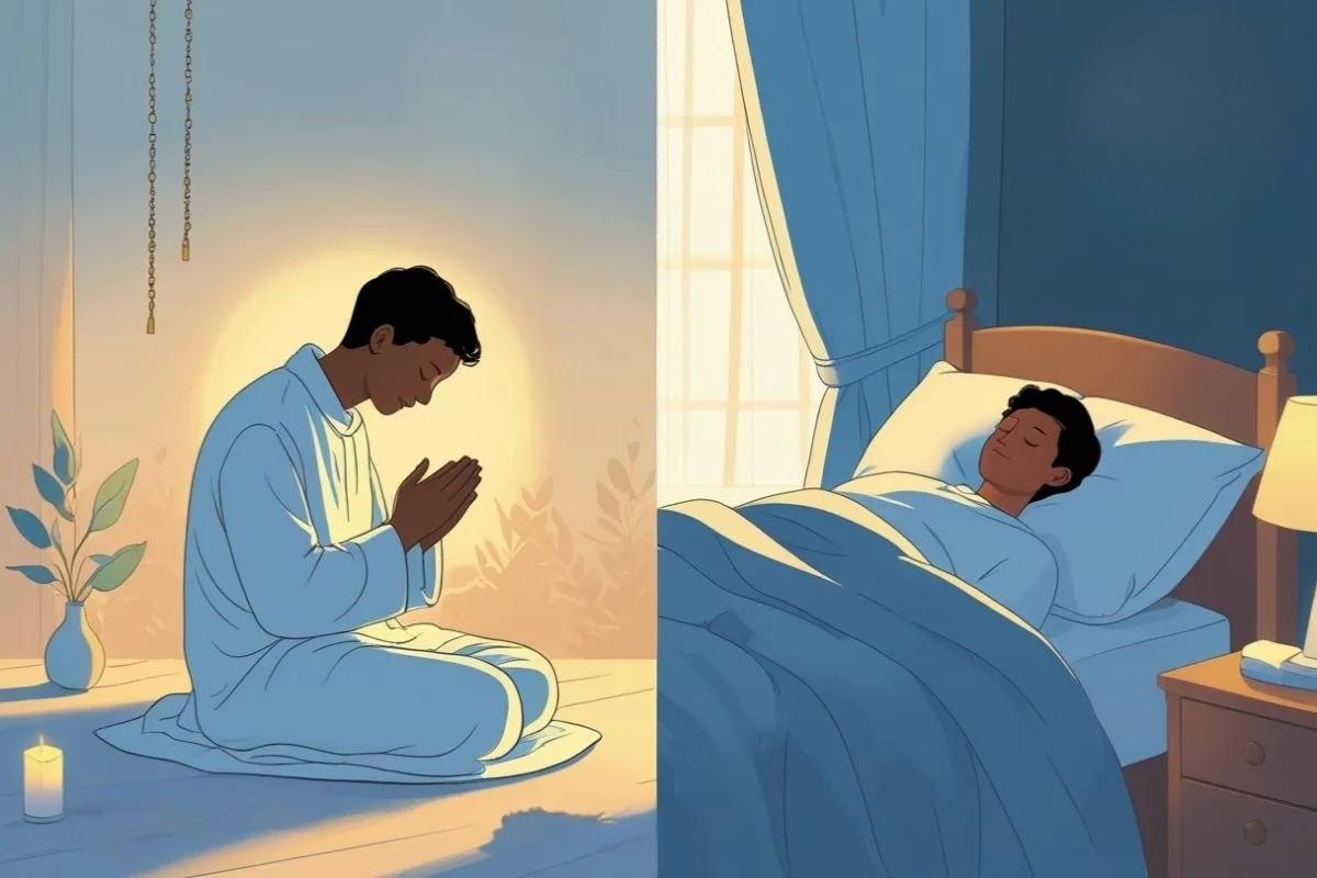 Intermittent Fasting and Sleep: Enhancing Rest Through Timed Eating Illustration of evening prayer and intermittent fasting as part of a healthy bedtime routine for better sleep