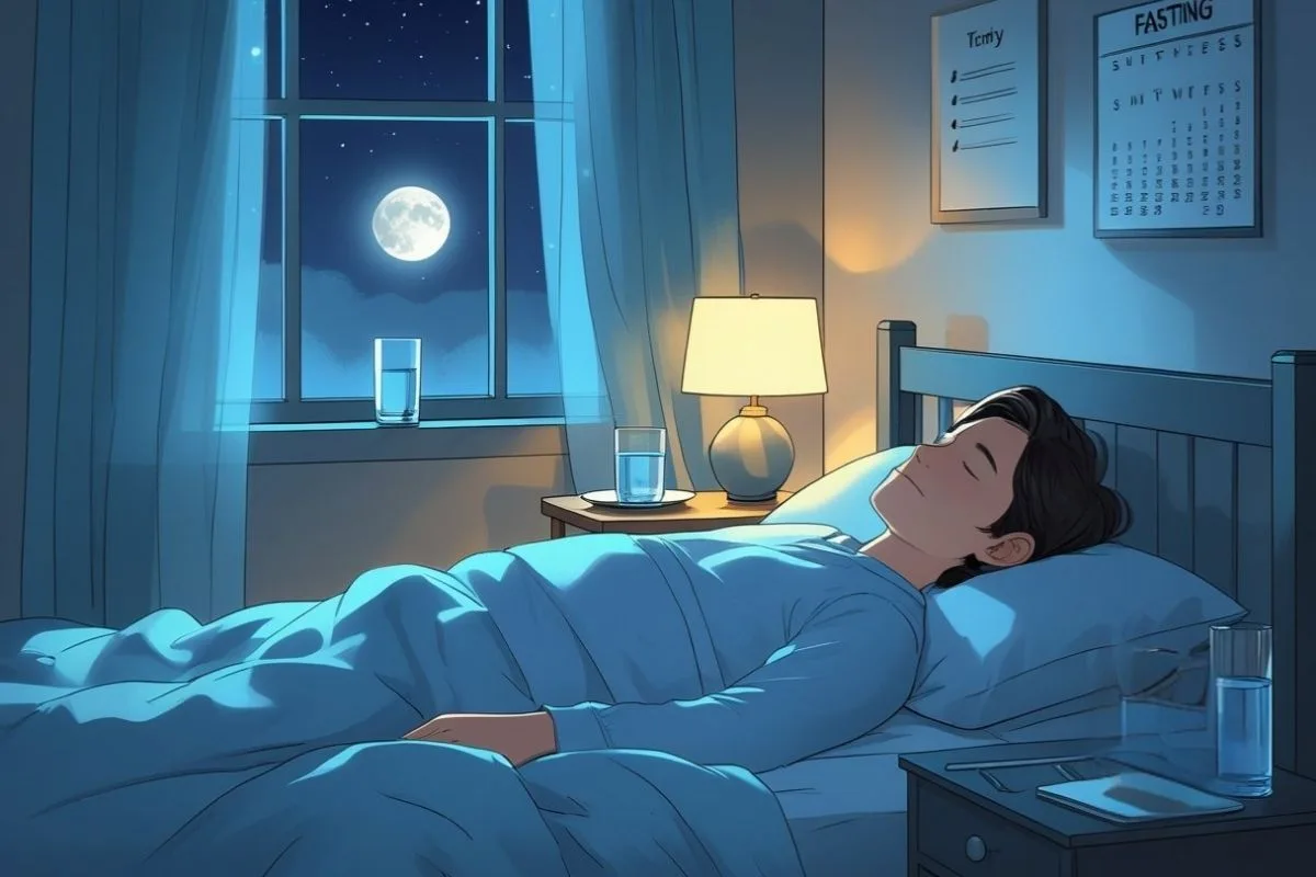 Intermittent Fasting and Sleep: Enhancing Rest Through Timed Eating Illustration of overnight fasting and hydration habits supporting restful and uninterrupted sleep