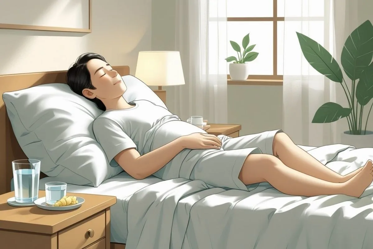 Back sleeping with the upper body slightly elevated to help relieve stomach pain, acid reflux, and digestive discomfort