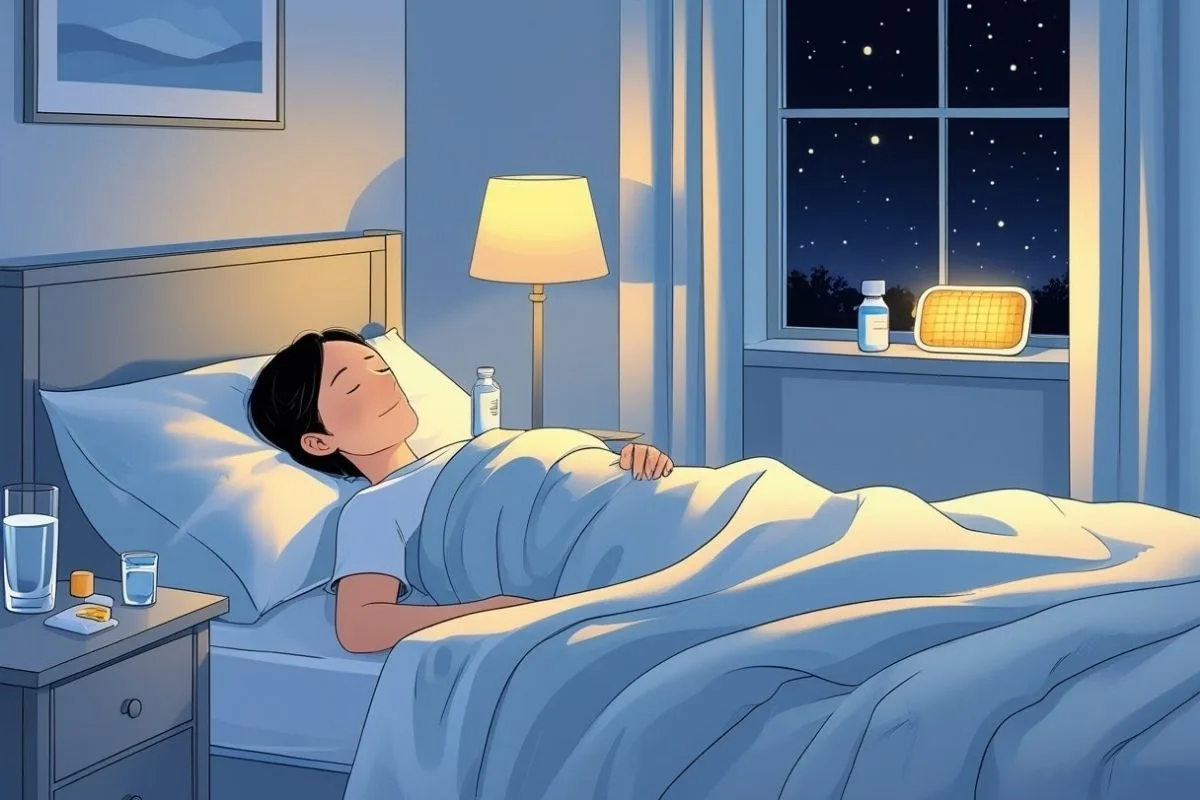 Comfortable back sleeping setup with nighttime essentials to support better sleep while recovering from stomach pain