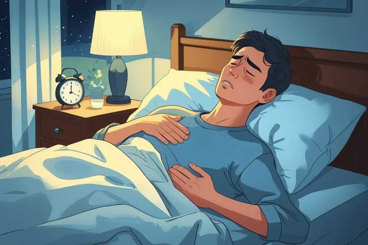 Ongoing stomach pain disrupting sleep despite lying in bed, highlighting the importance of proper treatment and positioning