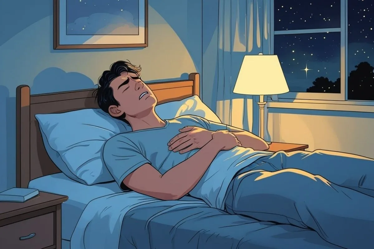 Person experiencing stomach pain while lying in bed, showing how abdominal discomfort can interfere with sleep