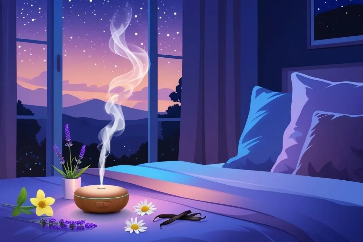 Top 10 Scents That Help You Sleep: Enhance Your Nightly Rest Naturally Lavender and vanilla aromatherapy diffuser filling a bedroom with calming scents to promote restful sleep