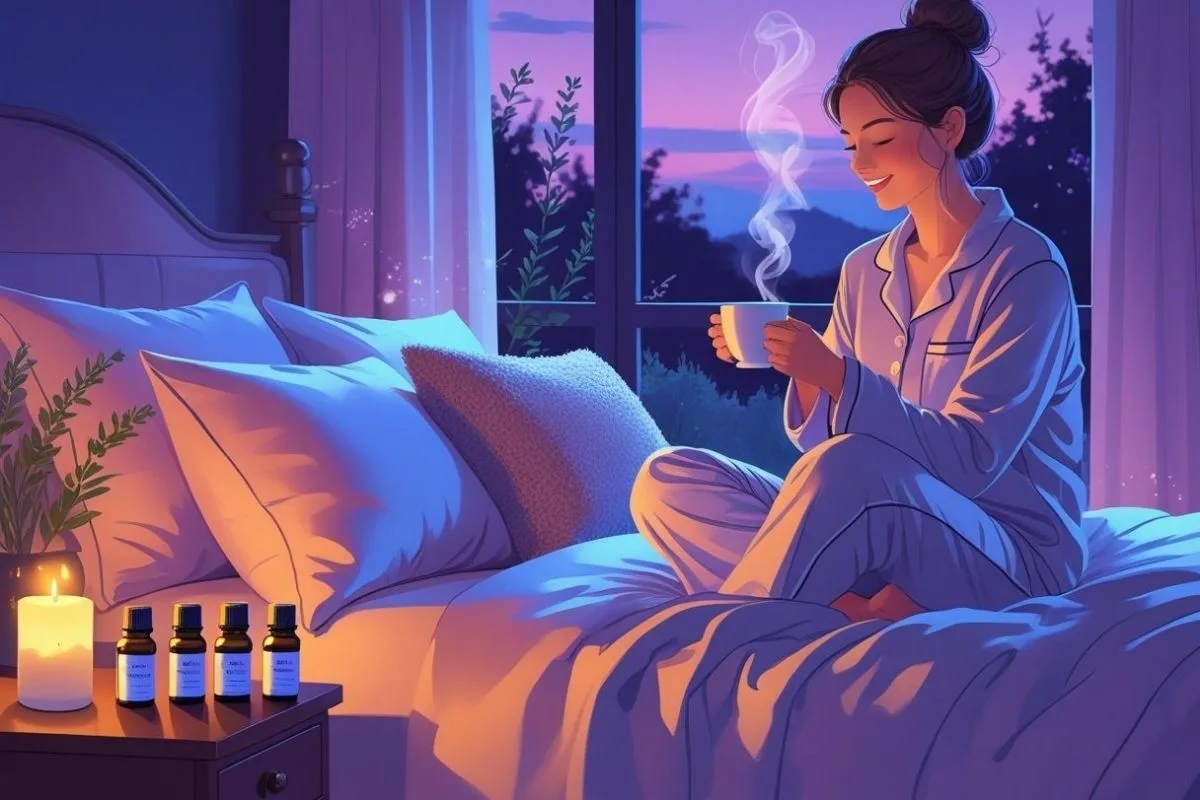 Top 10 Scents That Help You Sleep: Enhance Your Nightly Rest Naturally Person enjoying a calming bedtime routine with herbal tea and essential oils to prepare for restful sleep