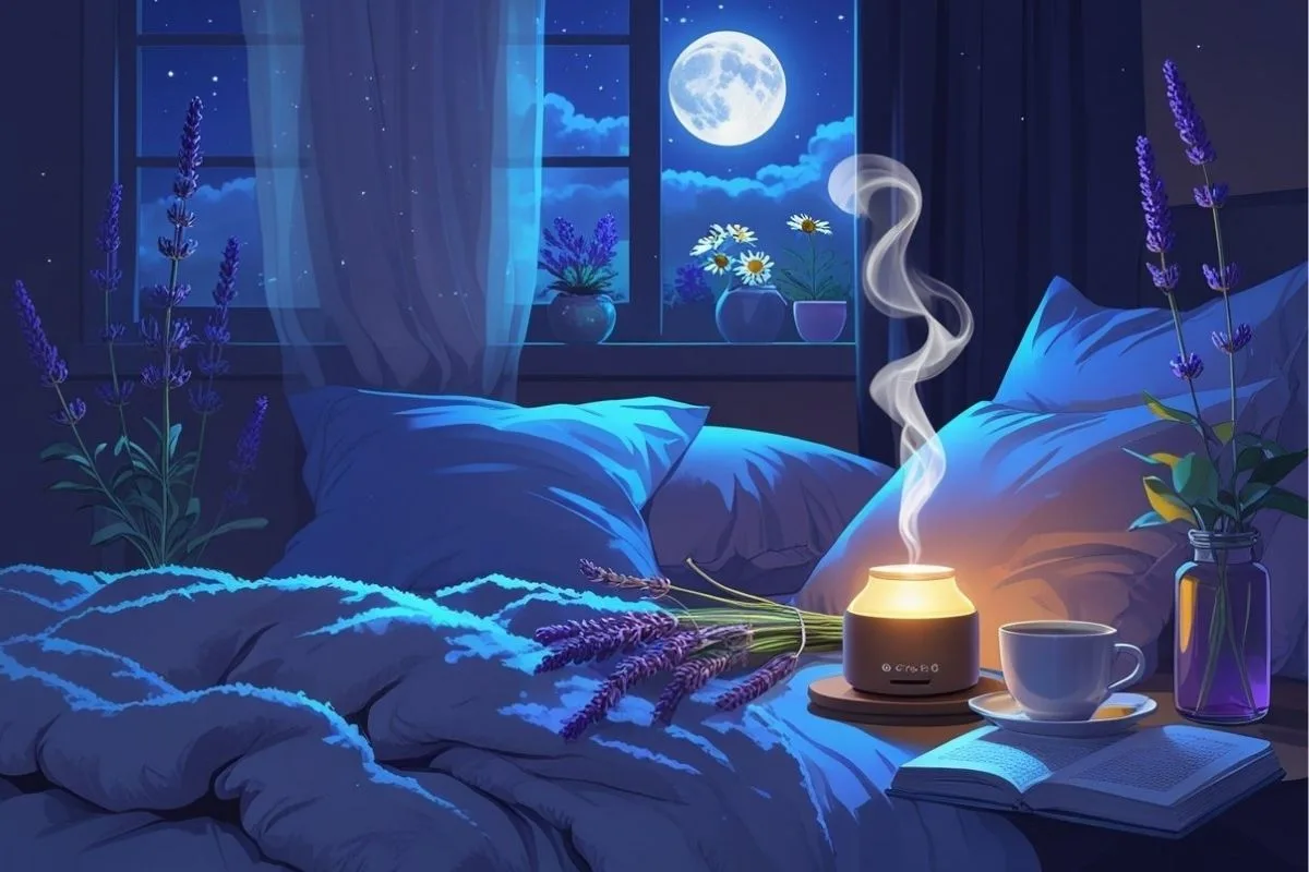 Top 10 Scents That Help You Sleep: Enhance Your Nightly Rest Naturally Cozy bedroom with lavender aromatherapy diffuser creating a peaceful atmosphere for deeper, more restorative sleep