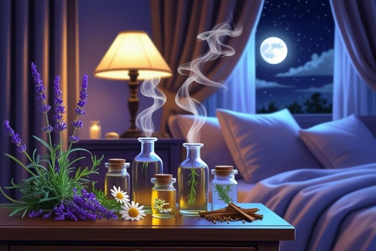 Essential oils and calming herbs displayed beside a bed to highlight natural scents that help improve sleep quality