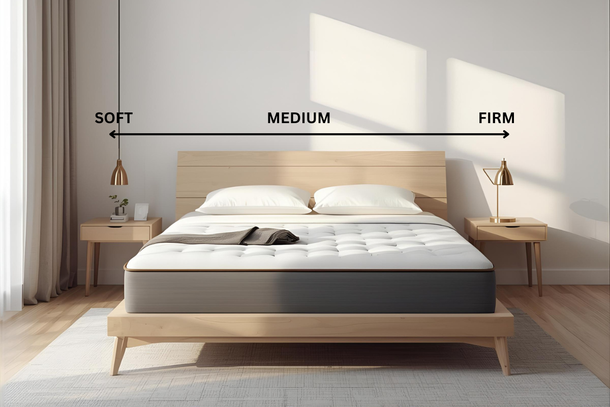 A bed in a room with a diagram of soft, medium and firm over it.
