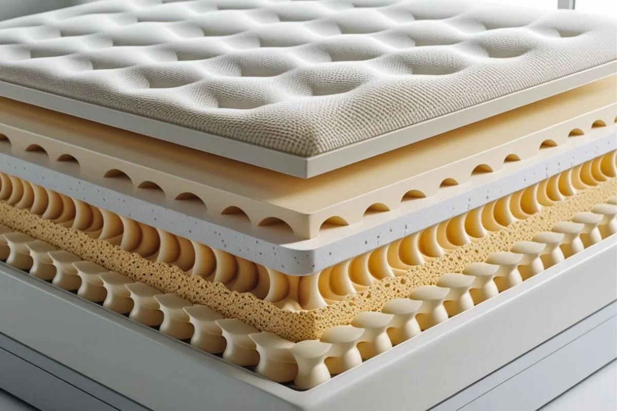 What Is Latex Mattress Made of? Cutaway view of a latex mattress showing multiple layers, including natural latex, comfort foam, and support materials