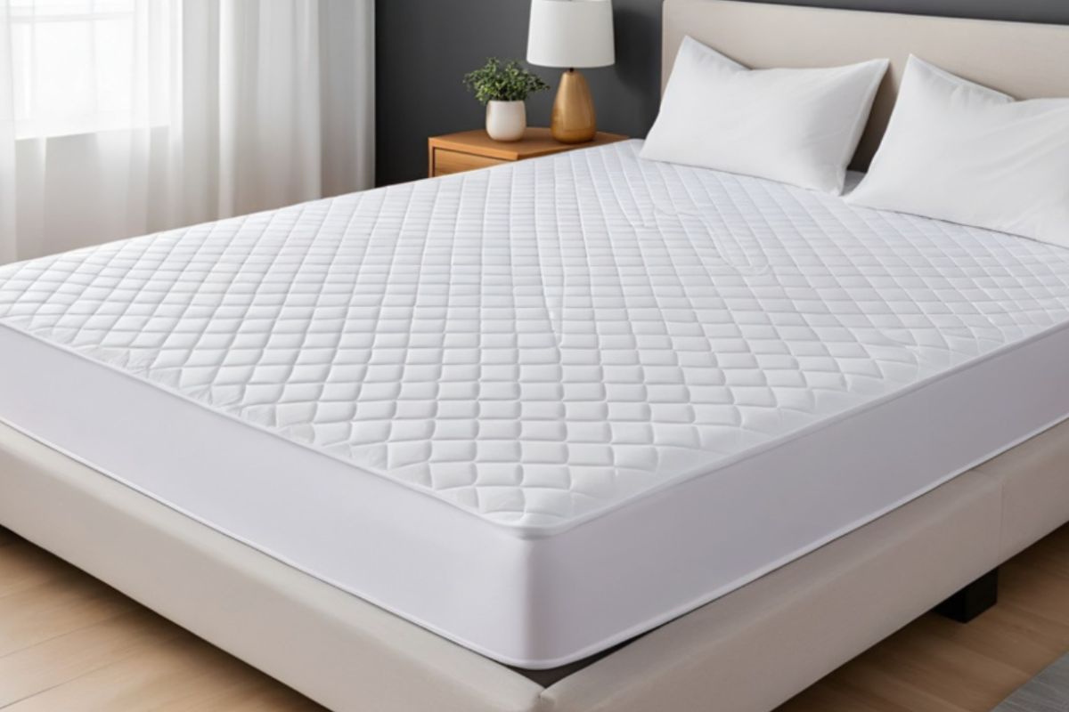 Latex mattress with a quilted cover on a bed frame, illustrating the finished design and outer materials used in latex mattress construction