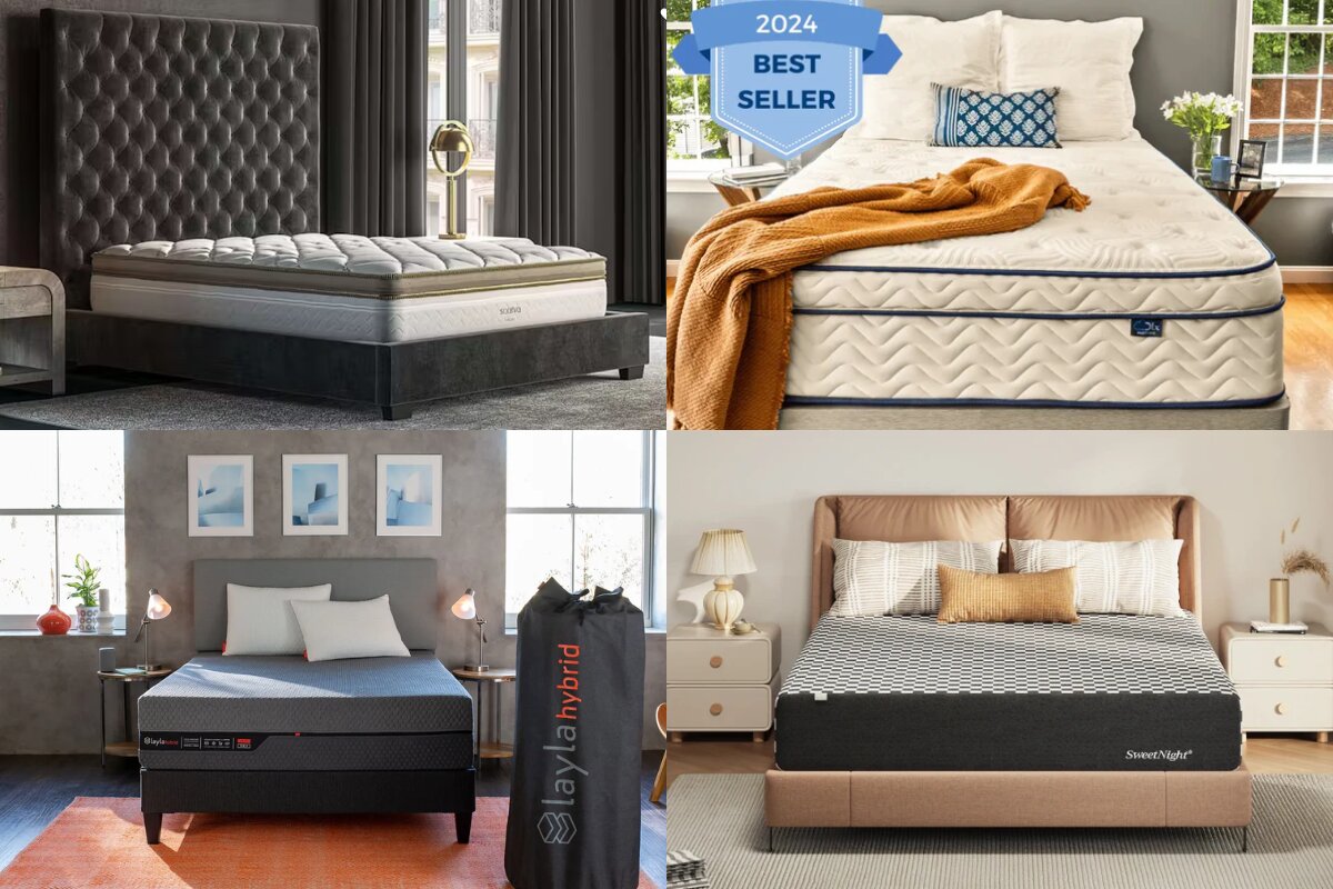 4 images of different mattress brands: Saatva, DLX, Layla and SweetNight.