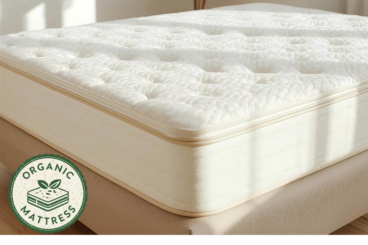 A mattress with an organic mattress tag.