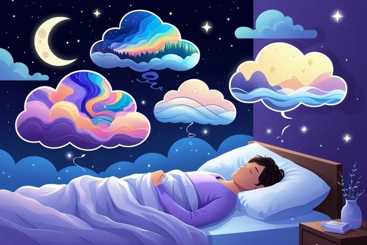Illustration of colorful dream scenes above a sleeping person, showing how the brain creates dreams during sleep