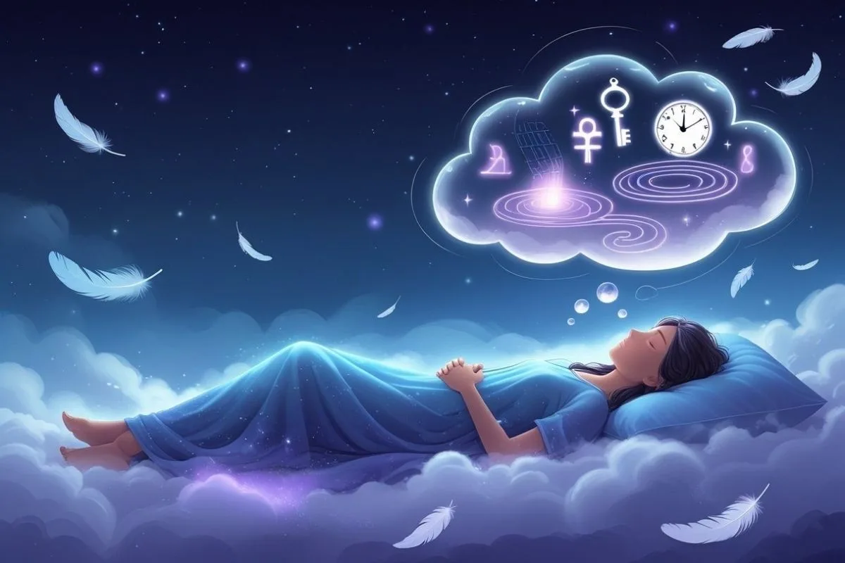 Person sleeping on clouds with symbolic dream imagery representing memory, emotions, and subconscious processing during dreams