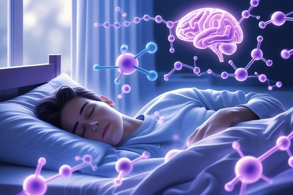 Glycine for Sleep: Benefits, Dosage, and Side Effects Sleeping person with brain and molecular graphics showing glycine’s role in sleep regulation and brain function