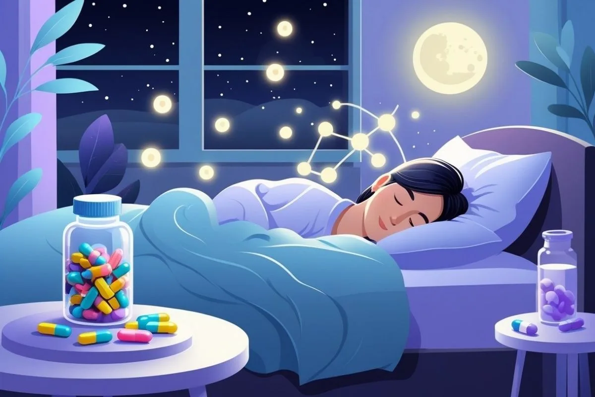 Glycine for Sleep: Benefits, Dosage, and Side Effects Sleeping person with glycine supplements highlighting the use of glycine as a sleep aid and its potential benefits