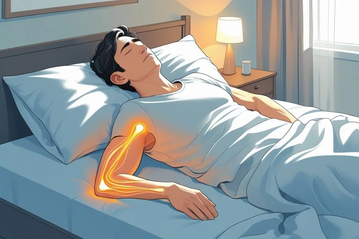 Pain and Sleep: How to Sleep When In Pain? Sleeper resting with highlighted arm joint pain, illustrating the importance of proper sleep positioning for pain relief