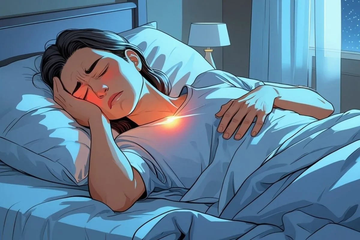 Person experiencing chest pain while lying in bed, illustrating how pain can interfere with sleep quality and overnight comfort