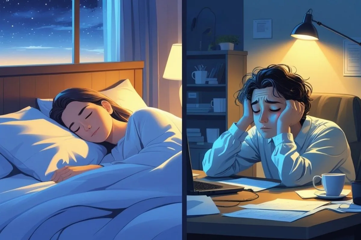 Sleep and Longevity: How Quality Rest Extends Lifespan Comparison of restful sleep versus sleep deprivation showing how poor sleep can negatively affect long-term health
