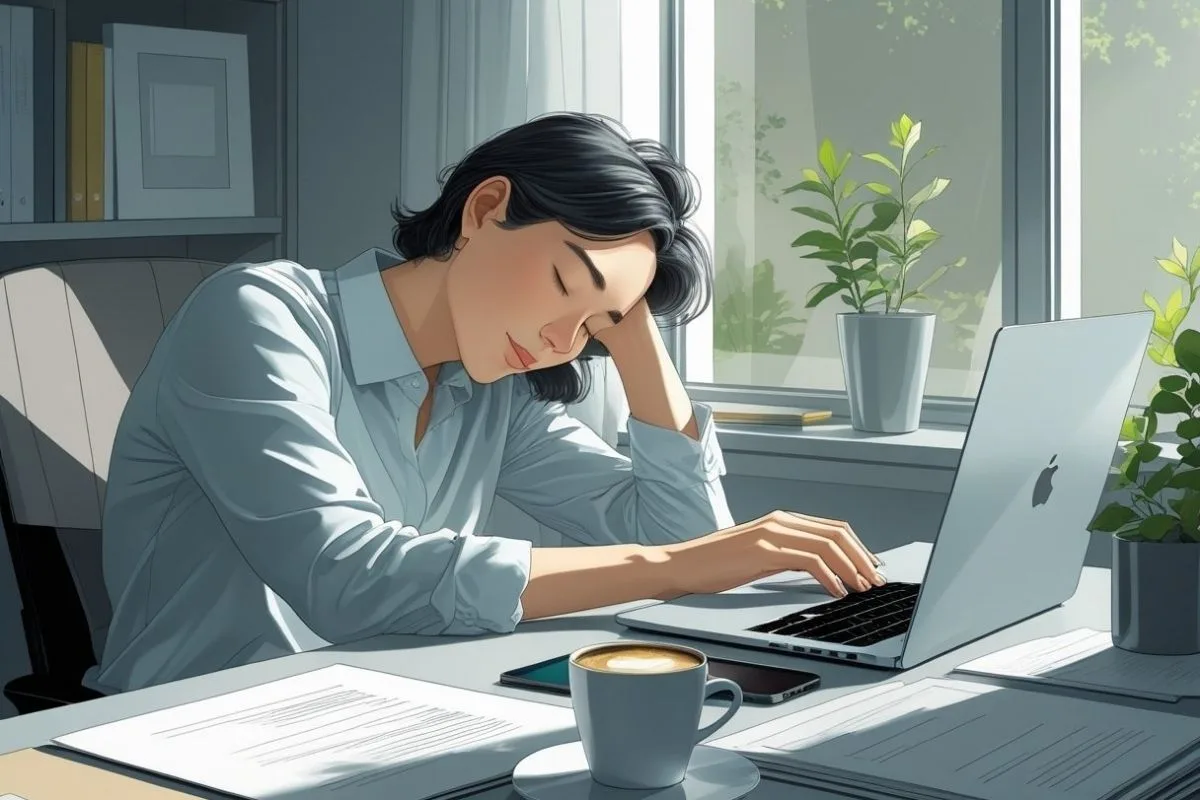 Sleep and Productivity: How Sleep Impacts Performance? Well-rested professional working at a laptop with focus and energy, demonstrating the productivity benefits of quality sleep