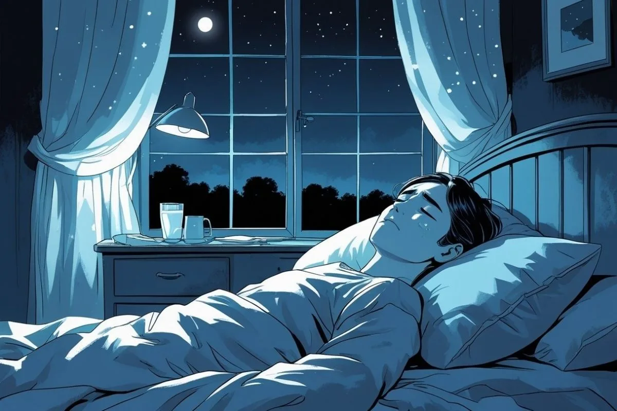 Sleep and Productivity: How Sleep Impacts Performance? Person lying awake in bed at night, highlighting how insomnia and poor sleep can negatively impact next-day performance