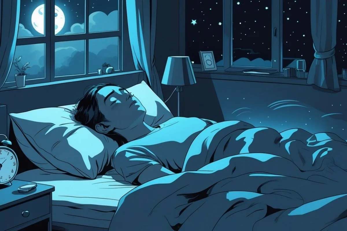 Sleep and Productivity: How Sleep Impacts Performance? Sleeper resting peacefully in a quiet bedroom, illustrating how uninterrupted sleep supports better cognitive performance and productivity