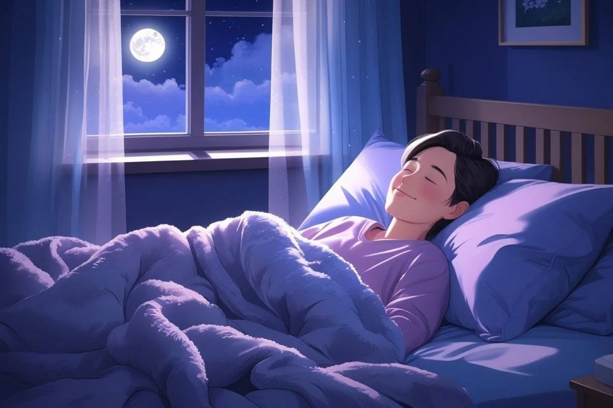 Sleep and Productivity: How Sleep Impacts Performance? Person enjoying deep, restful sleep under a cozy blanket, showing the connection between quality sleep and improved daytime performance