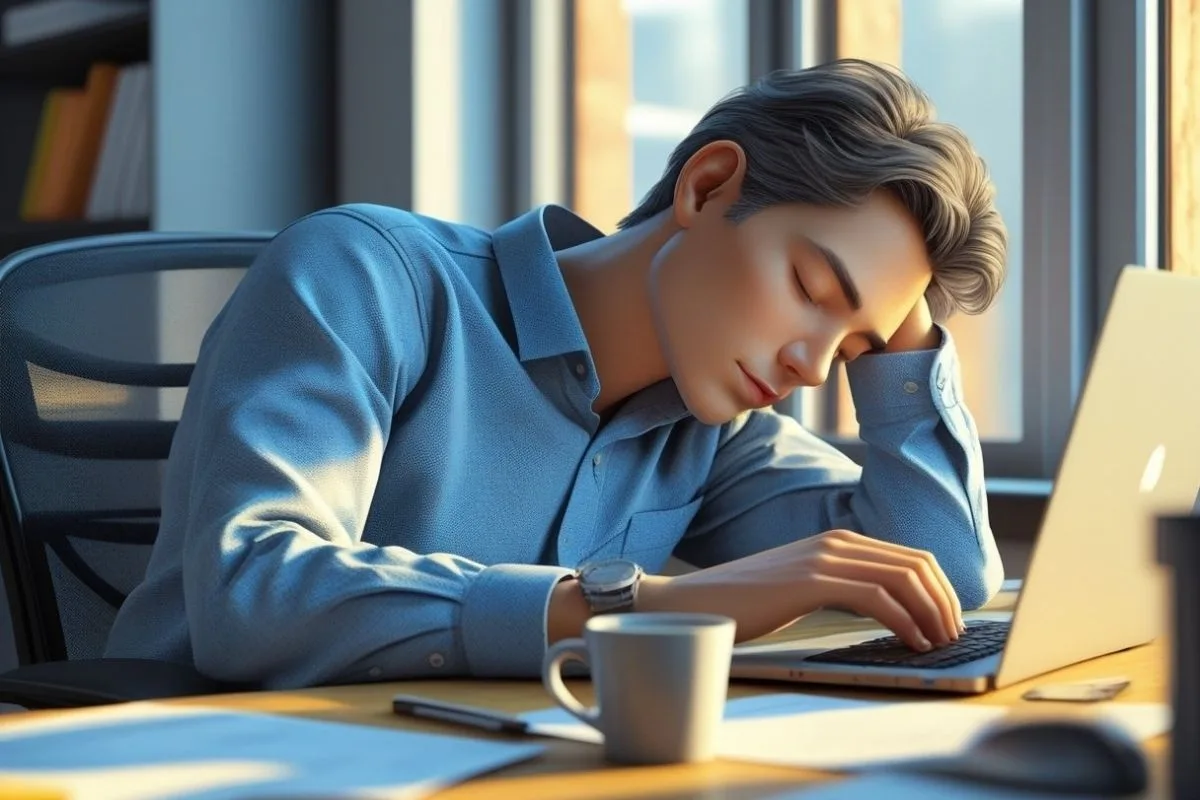 Sleep-deprived office worker struggling to stay awake at a laptop, illustrating how poor sleep reduces workplace productivity and focus