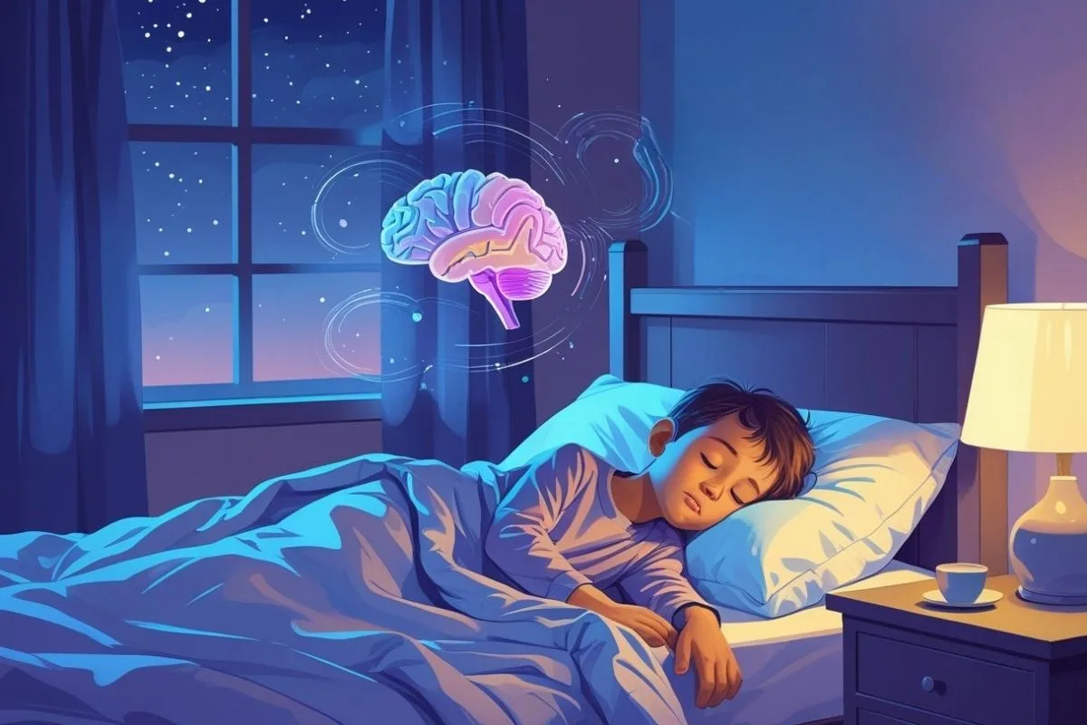 Autism and Sleep: Understanding Challenges and Solutions Child sleeping with a brain graphic above, representing how autism can affect sleep patterns and brain activity during rest