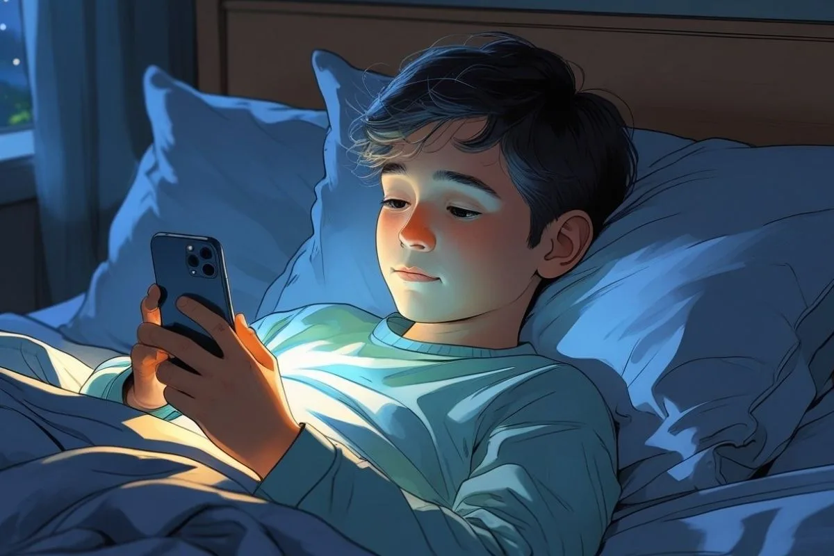 Autism and Sleep: Understanding Challenges and Solutions Child using a smartphone in bed at night, highlighting screen time as a potential cause of sleep problems in autism