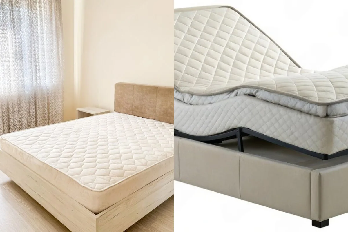 Do Doctors Recommend Adjustable Firmness Mattresses? 2 images of a bed: regular and adjustable.