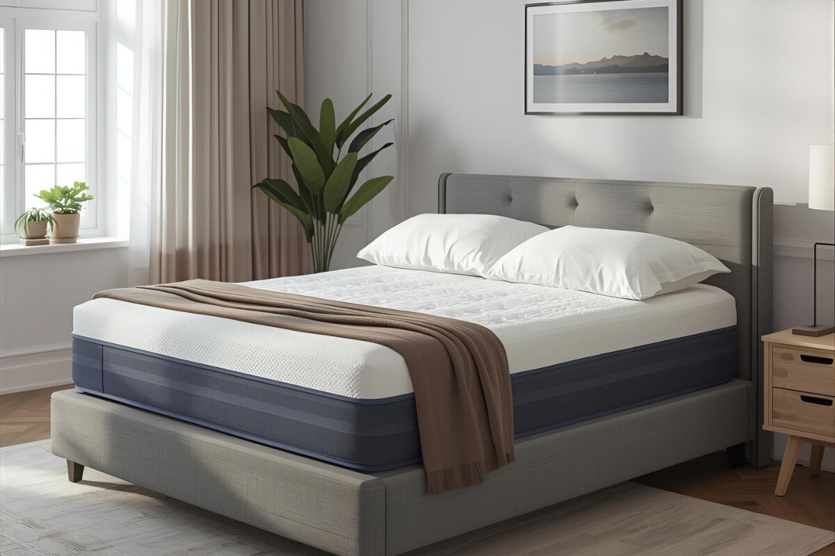 A grey bed in a well lit room.
