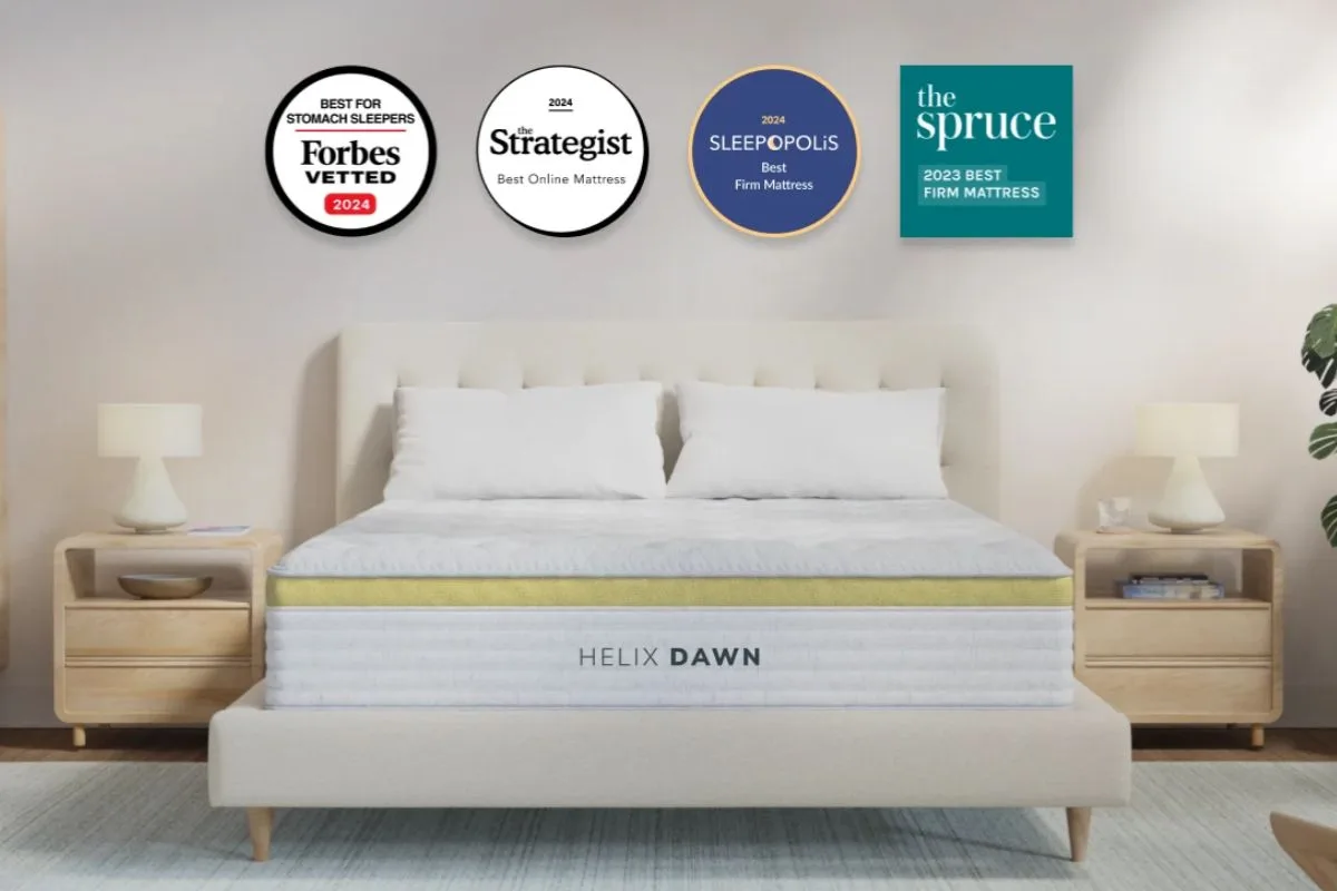 Helix Dawn Mattress with industry awards, demonstrating its recognized quality, safety standards, and trusted performance for firm mattress sleepers