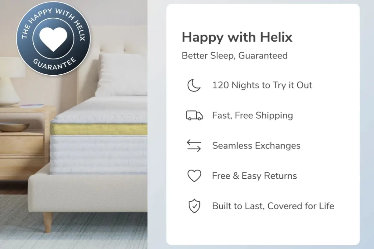 Helix Dawn Mattress trial, warranty, and return policy overview, illustrating the brand's customer-friendly policies and long-term confidence in mattress safety and durability