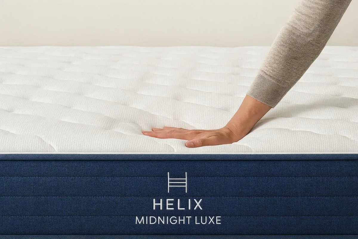 Hand pressing the Helix Midnight Luxe mattress surface to demonstrate pressure relief and responsive comfort