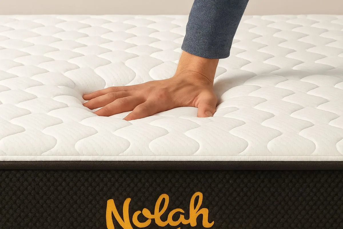 Hand pressing the Nolah Evolution 15 mattress surface to demonstrate cushioning and contouring support