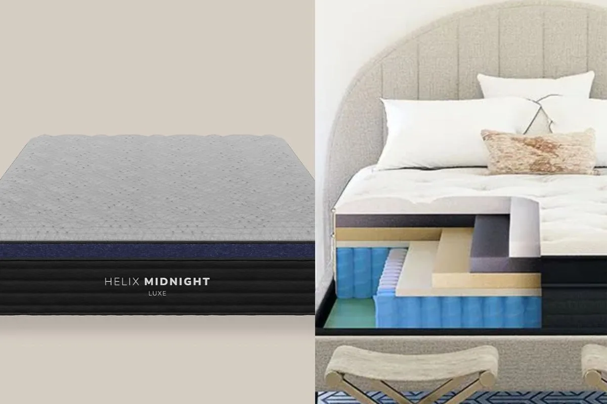 Helix Midnight Luxe vs Nolah Evolution 15″ Side-by-side comparison of the Helix Midnight Luxe and Nolah Evolution 15 support systems, highlighting differences in their hybrid construction and support layers