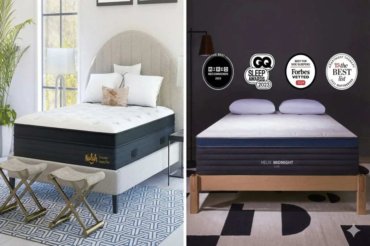 Helix Midnight Luxe vs Nolah Evolution 15″ Side-by-side comparison of the Helix Midnight Luxe and Nolah Evolution 15 mattresses, highlighting their design and overall appearance