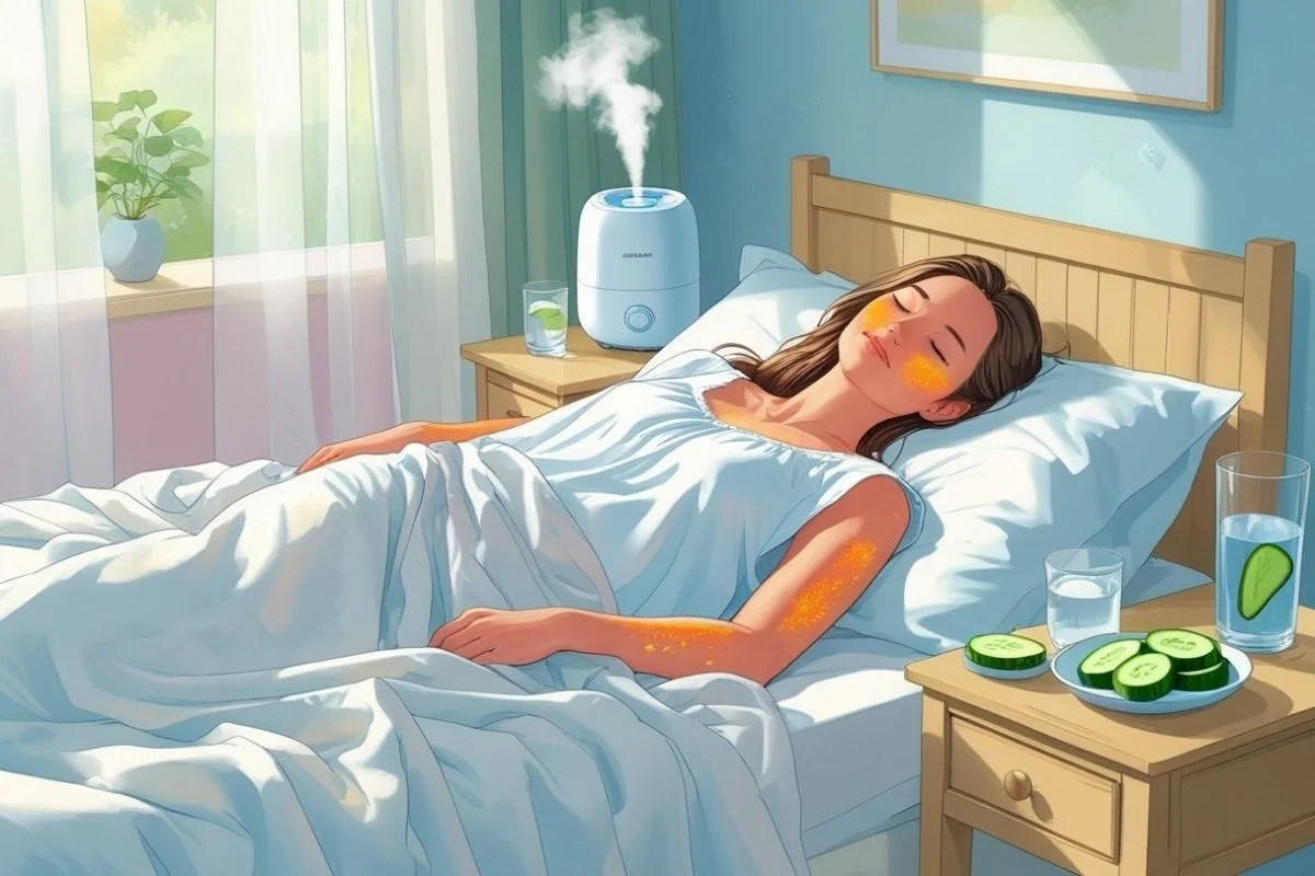 How to Sleep with a Sunburn: Effective Tips for Painless Nights Bedroom setup with a humidifier, water, and cooling items to create a comfortable environment for sleeping with a sunburn