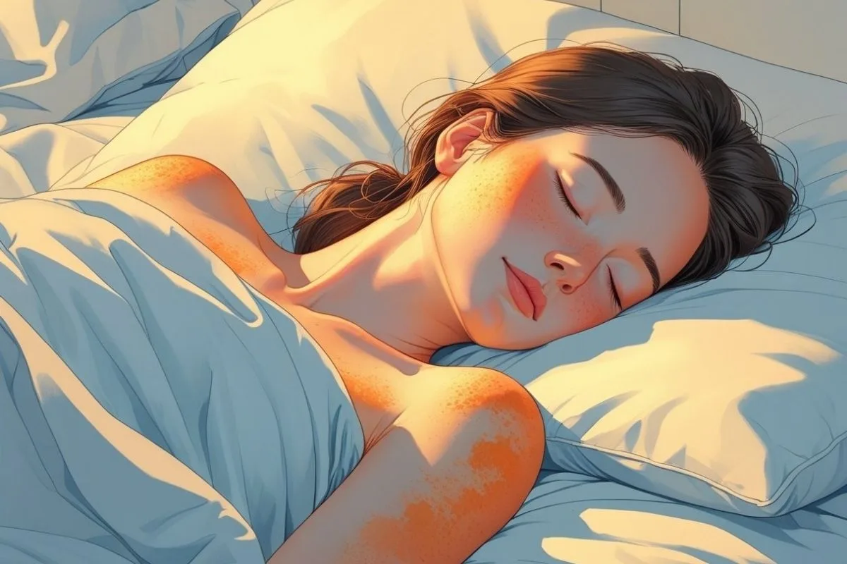 Person sleeping comfortably despite a mild sunburn, illustrating how proper sleep positioning can reduce overnight discomfort