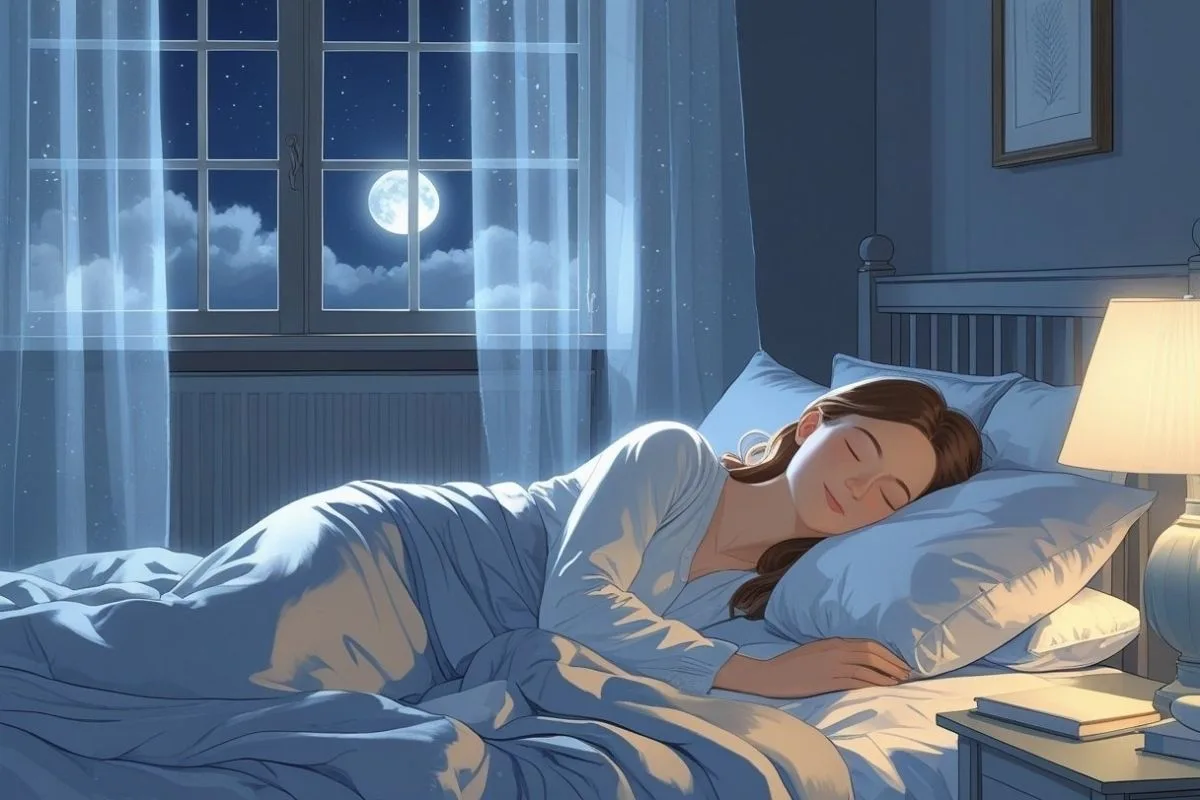 Insomnia During Ovulation: How the Menstrual Cycle Affects Your Sleep? Woman resting comfortably in bed under moonlight, representing strategies for improving sleep quality during ovulation and the menstrual cycle