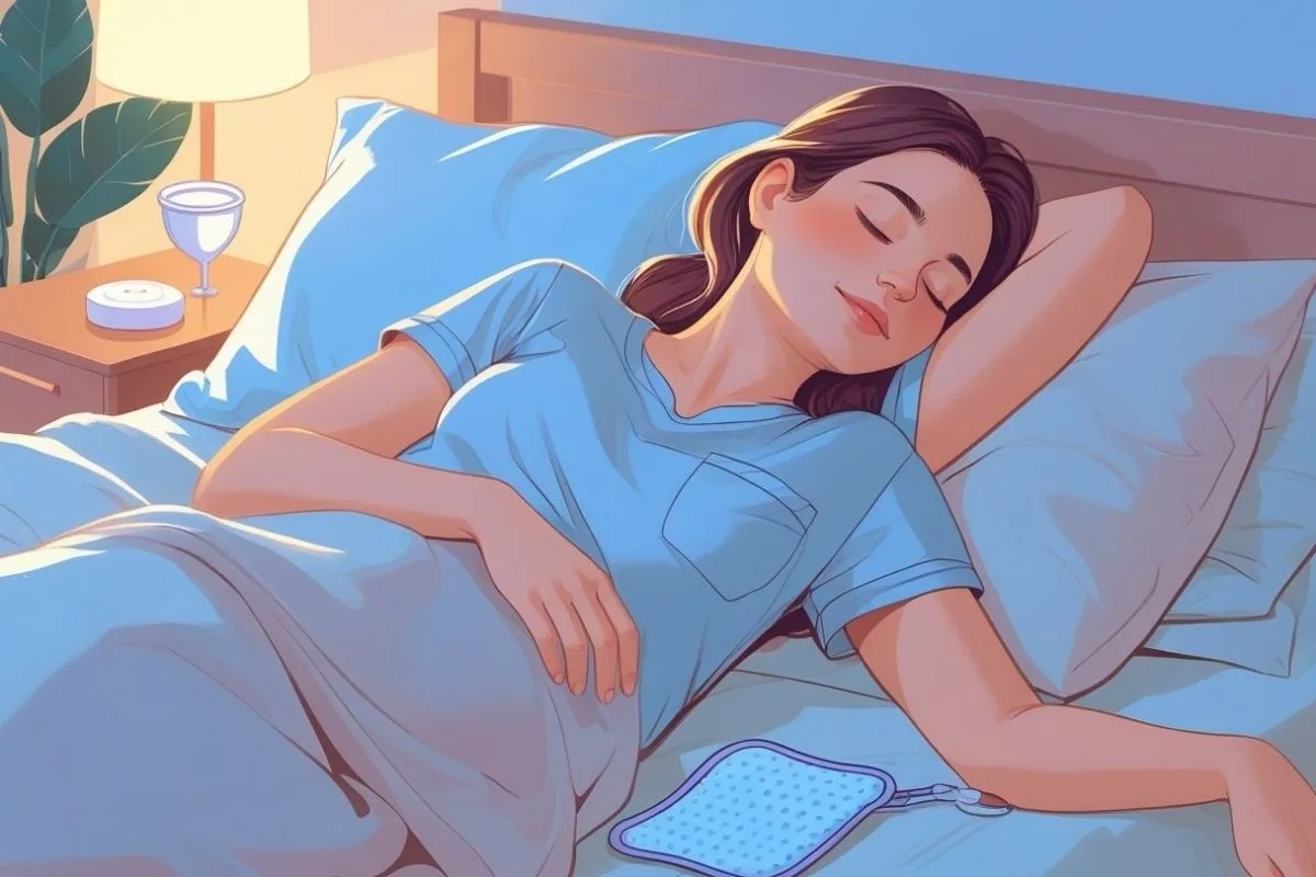 Insomnia During Ovulation: How the Menstrual Cycle Affects Your Sleep? Woman sleeping with a heating pad, showing how warmth may help relieve ovulation discomfort and promote better sleep