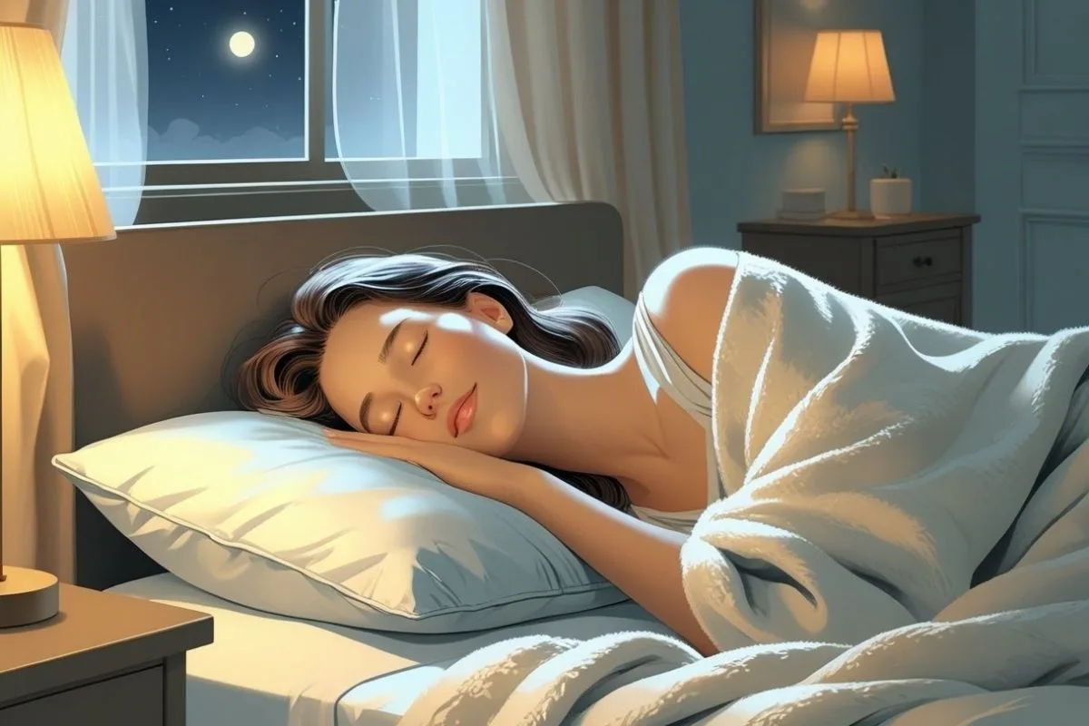 Insomnia During Ovulation: How the Menstrual Cycle Affects Your Sleep? Woman sleeping soundly in a cozy bedroom at night, demonstrating restful sleep despite hormonal fluctuations during the menstrual cycle