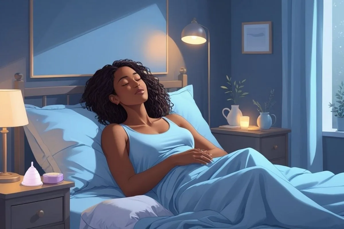 Insomnia During Ovulation: How the Menstrual Cycle Affects Your Sleep? Woman sleeping comfortably with menstrual care products nearby, illustrating sleep support during ovulation and menstrual cycle changes
