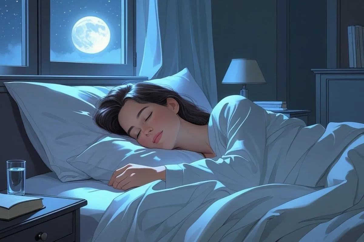 Woman sleeping peacefully at night, illustrating healthy sleep during ovulation despite hormonal changes that can contribute to insomnia