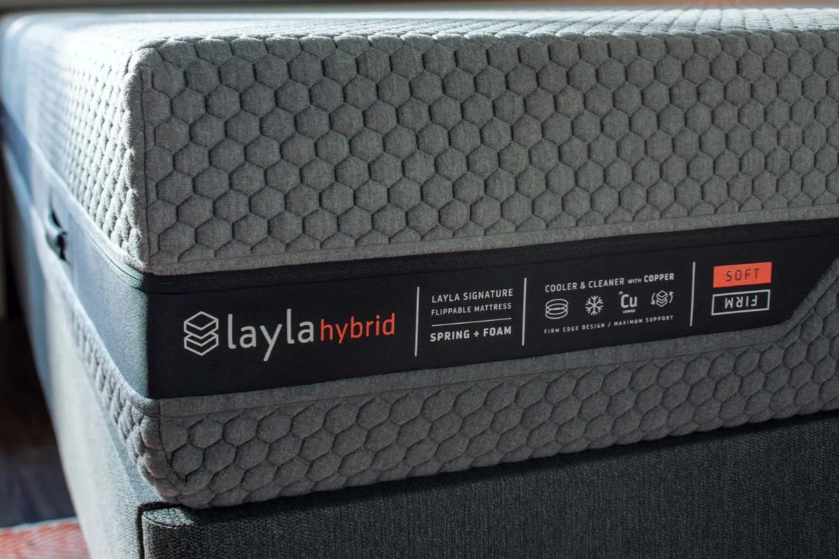 Close-up of the Layla Hybrid Mattress showing its flippable soft and firm sides, helping explain features to assess before starting a return