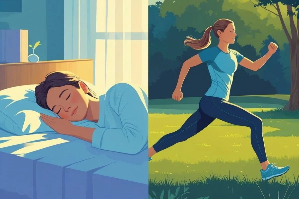 Sleep and Athletic Performance: How Sleep Affects Recovery? Split illustration of quality sleep and daytime exercise showing the connection between sleep and athletic performance