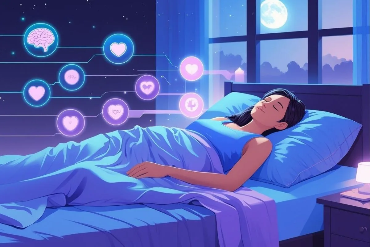 Sleep and Athletic Performance: How Sleep Affects Recovery? Illustration of sleep supporting brain, heart, and muscle recovery for improved athletic performance and overall health