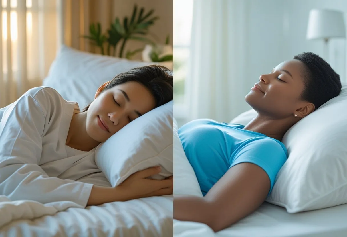 Is Sleeping on Left Side Bad for Heart Health? Best Sleep Position 2 images of women sleeping on a bed: one on her side and one on her back.